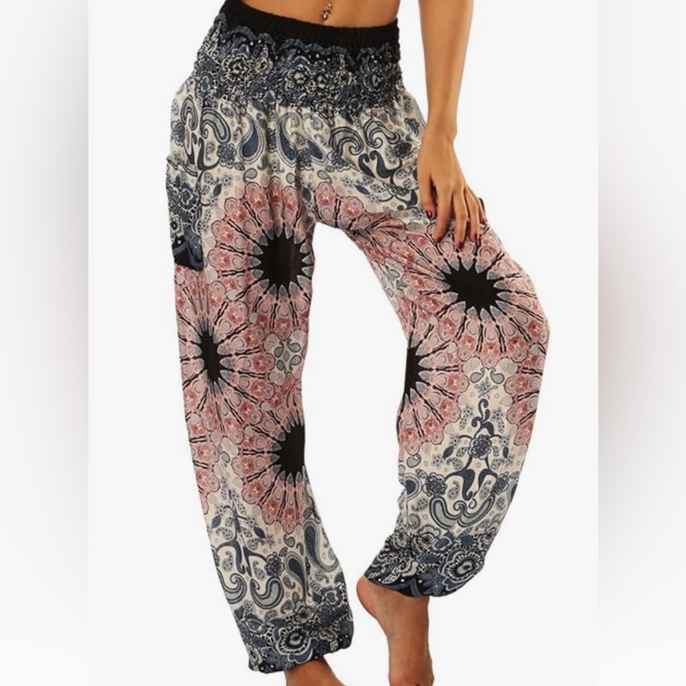 Lu's Chic Women's Boho Pants Harem Smocked Waist